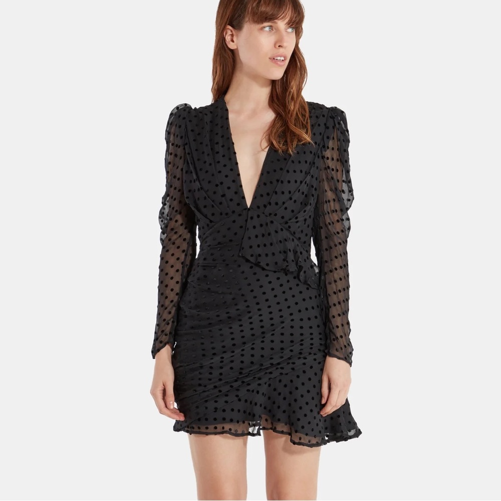 NWT IRO Flocked Silk Puff Sleeve Asymmetrical Ruffled Dress LBD Size 34 - Picture 2 of 16